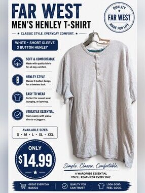 Far West Men's White Henley T-Shirt Short Sleeve 3 Button Casual Tee